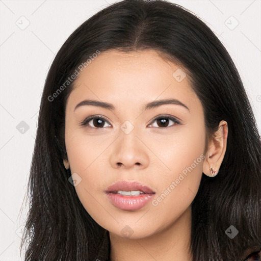 Neutral asian young-adult female with long  black hair and brown eyes