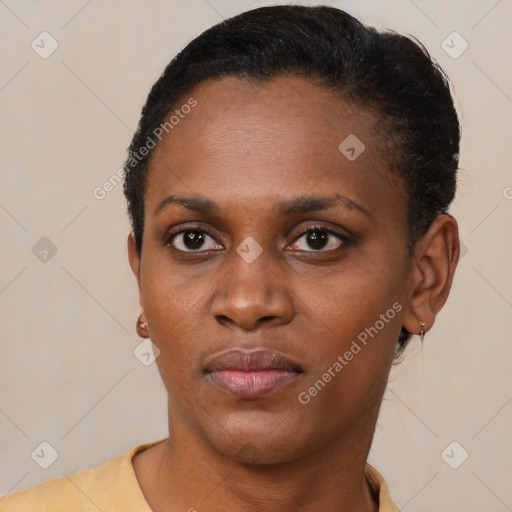 Neutral black young-adult female with short  brown hair and brown eyes