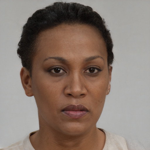 Neutral black young-adult female with short  brown hair and brown eyes