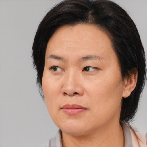 Joyful asian adult female with medium  brown hair and brown eyes
