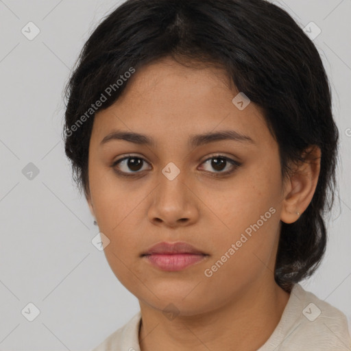 Neutral asian young-adult female with medium  brown hair and brown eyes