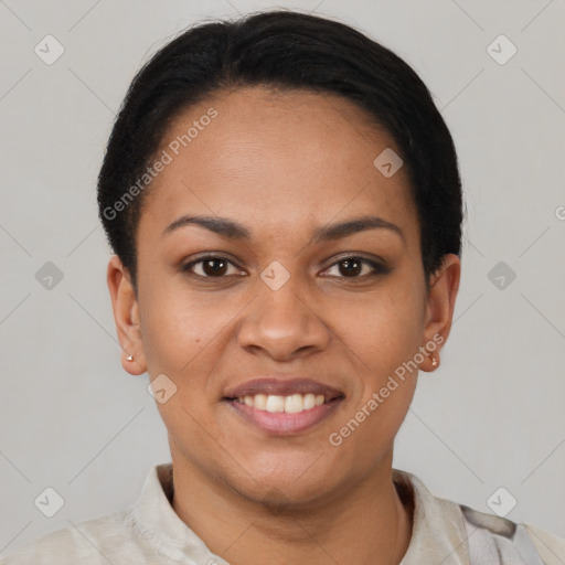 Joyful latino young-adult female with short  brown hair and brown eyes