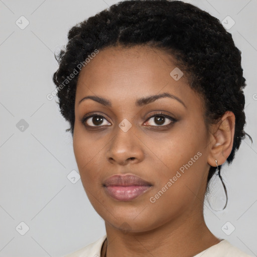 Neutral black young-adult female with short  black hair and brown eyes