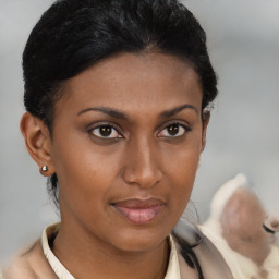 Joyful latino young-adult female with short  brown hair and brown eyes