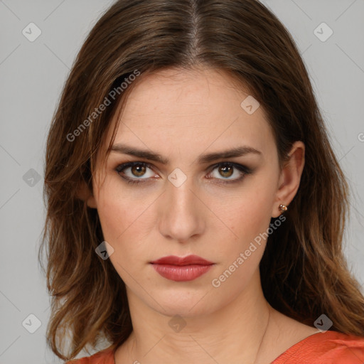 Neutral white young-adult female with medium  brown hair and brown eyes