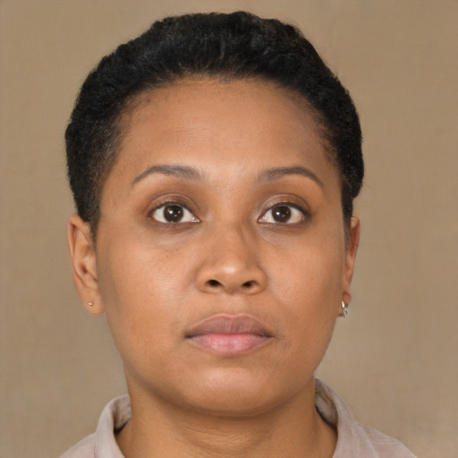 Neutral black young-adult female with short  brown hair and brown eyes