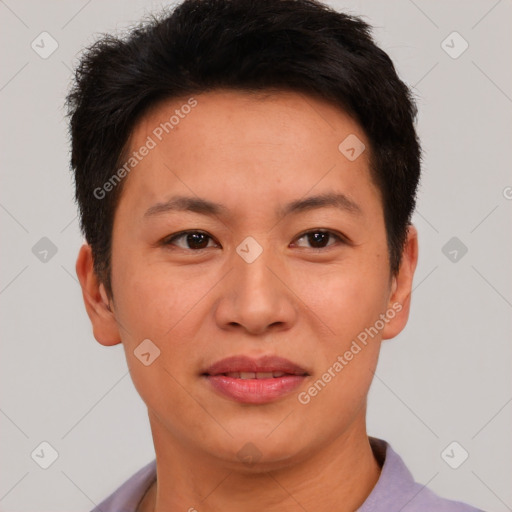 Joyful white adult female with short  brown hair and brown eyes