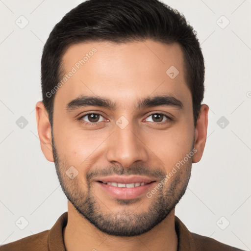 Joyful white young-adult male with short  brown hair and brown eyes