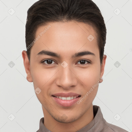 Joyful white young-adult male with short  brown hair and brown eyes