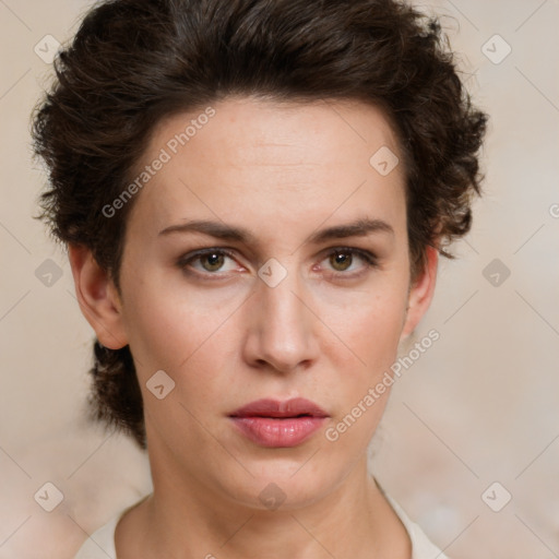 Neutral white young-adult female with short  brown hair and brown eyes