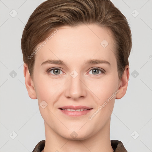 Joyful white young-adult female with short  brown hair and grey eyes