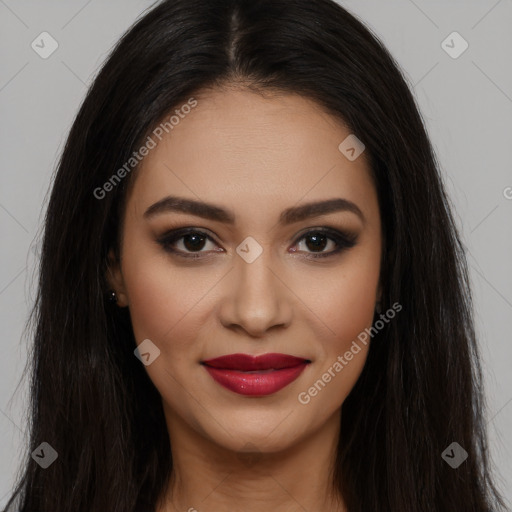 Joyful latino young-adult female with long  brown hair and brown eyes