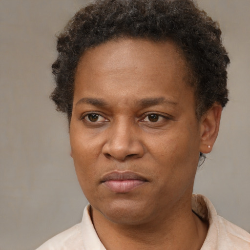 Neutral black adult female with short  brown hair and brown eyes