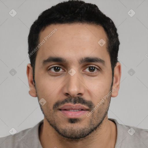 Neutral latino young-adult male with short  black hair and brown eyes