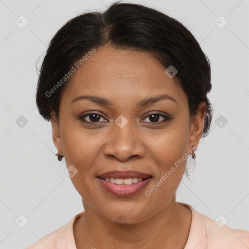 Joyful latino young-adult female with short  brown hair and brown eyes