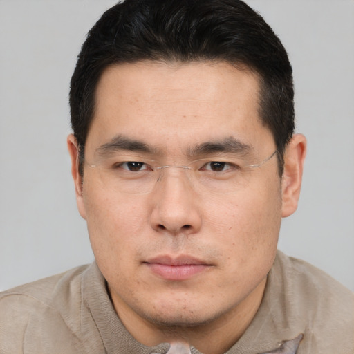 Neutral asian young-adult male with short  brown hair and brown eyes