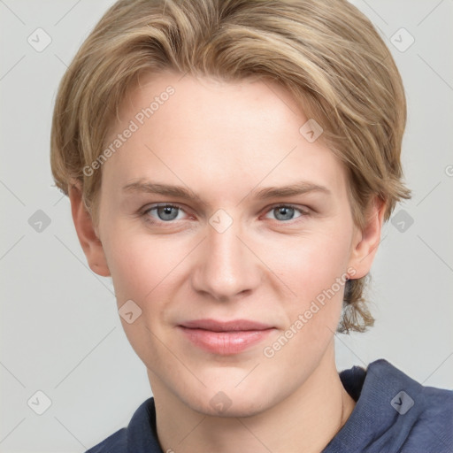 Joyful white young-adult female with medium  brown hair and blue eyes