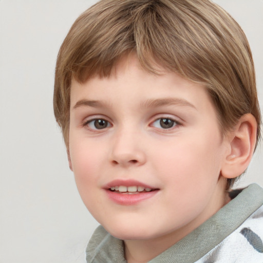 Joyful white child female with medium  brown hair and grey eyes