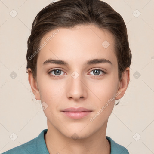 Neutral white young-adult female with medium  brown hair and brown eyes