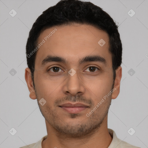 Neutral latino young-adult male with short  black hair and brown eyes