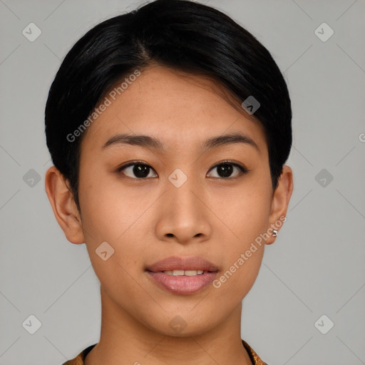 Joyful asian young-adult female with short  brown hair and brown eyes