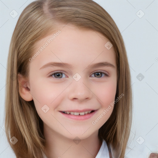 Joyful white child female with medium  brown hair and brown eyes