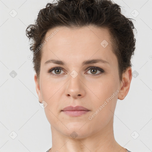 Neutral white young-adult female with short  brown hair and brown eyes