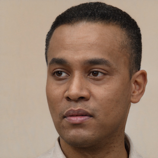 Neutral black young-adult male with short  black hair and brown eyes