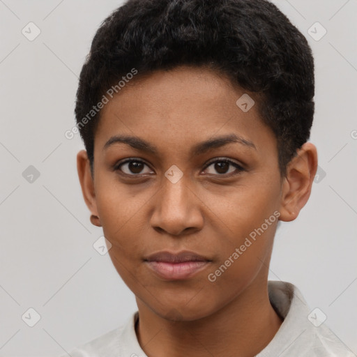 Joyful latino young-adult female with short  black hair and brown eyes