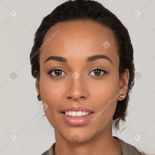 Joyful latino young-adult female with long  brown hair and brown eyes