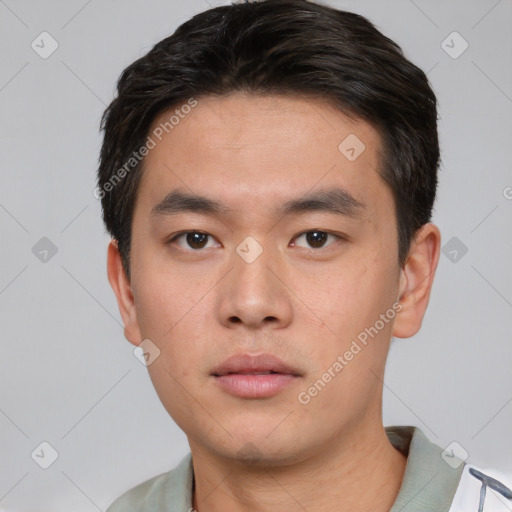 Neutral asian young-adult male with short  black hair and brown eyes