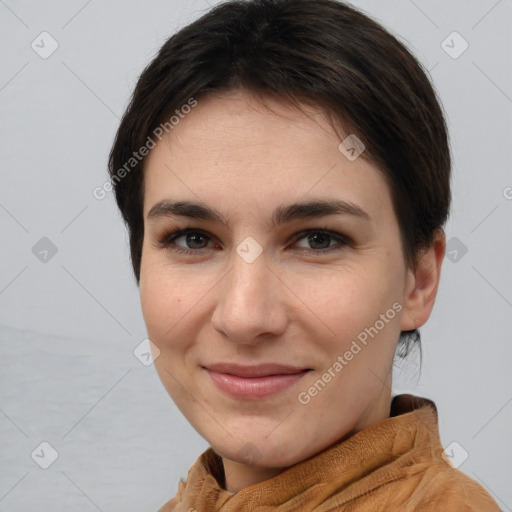 Joyful white young-adult female with short  brown hair and brown eyes