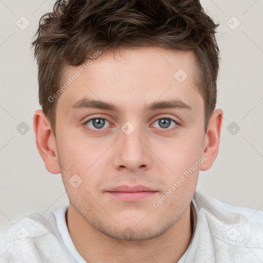 Neutral white young-adult male with short  brown hair and grey eyes