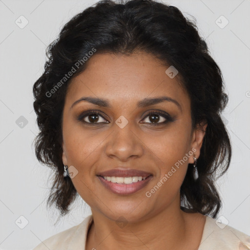 Joyful black young-adult female with medium  brown hair and brown eyes