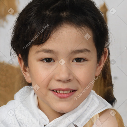 Joyful white child female with medium  brown hair and brown eyes