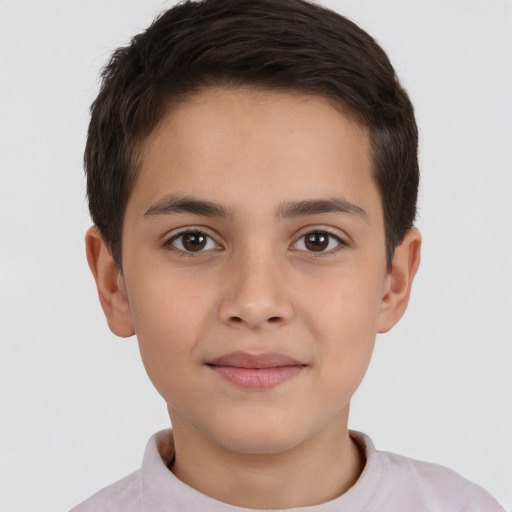 Joyful white child male with short  brown hair and brown eyes