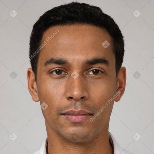 Neutral latino young-adult male with short  black hair and brown eyes