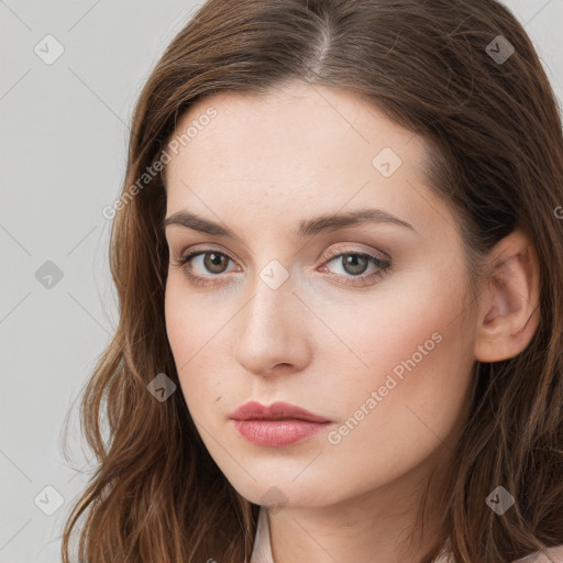 Neutral white young-adult female with long  brown hair and grey eyes