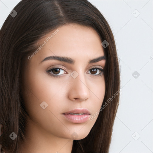 Neutral white young-adult female with long  brown hair and brown eyes