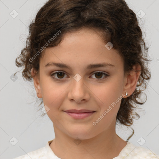 Joyful white child female with medium  brown hair and brown eyes