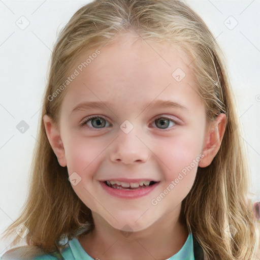 Joyful white child female with medium  brown hair and blue eyes