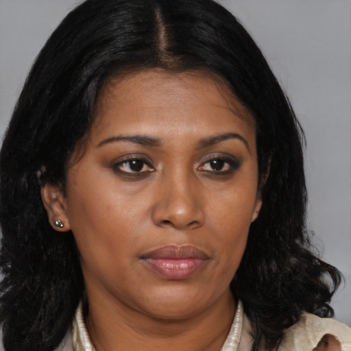 Neutral asian young-adult female with medium  brown hair and brown eyes