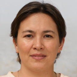 Joyful white adult female with medium  brown hair and brown eyes