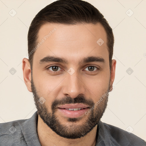 Joyful white young-adult male with short  brown hair and brown eyes