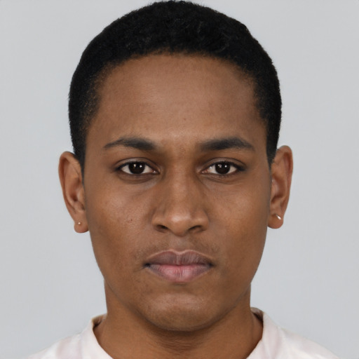 Neutral black young-adult male with short  black hair and brown eyes