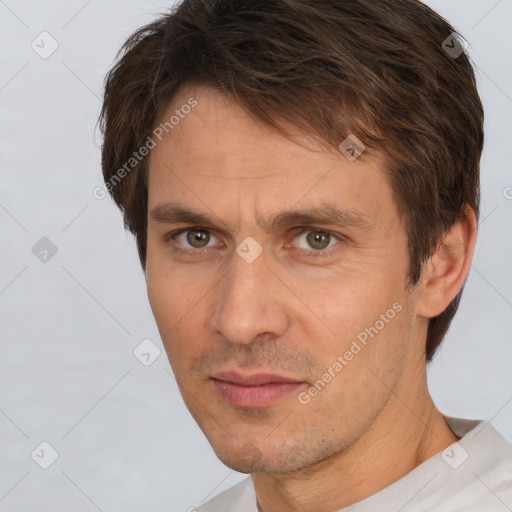 Neutral white adult male with short  brown hair and brown eyes