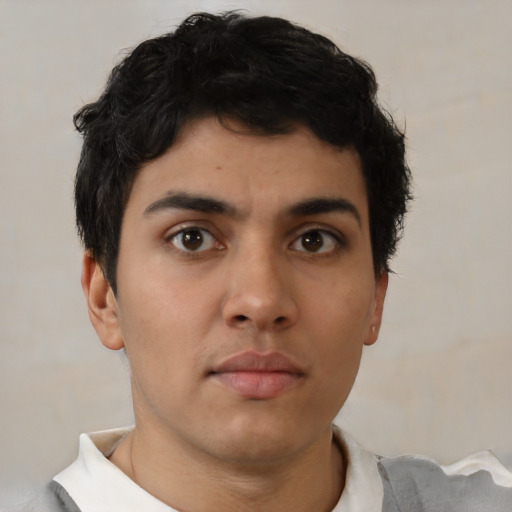 Neutral latino young-adult male with short  brown hair and brown eyes