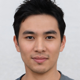 Neutral asian young-adult male with short  black hair and brown eyes