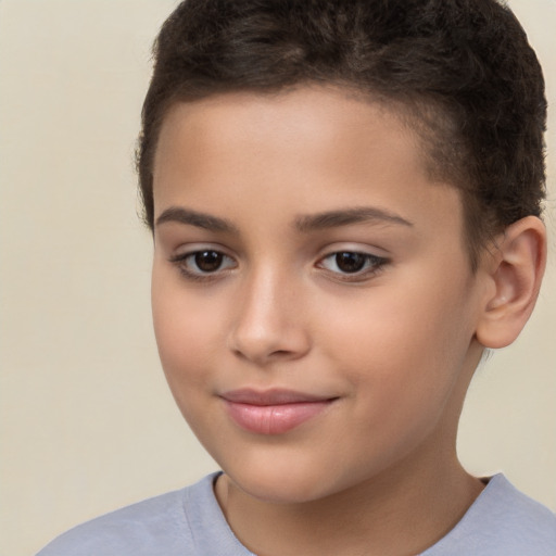 Joyful white child female with short  brown hair and brown eyes