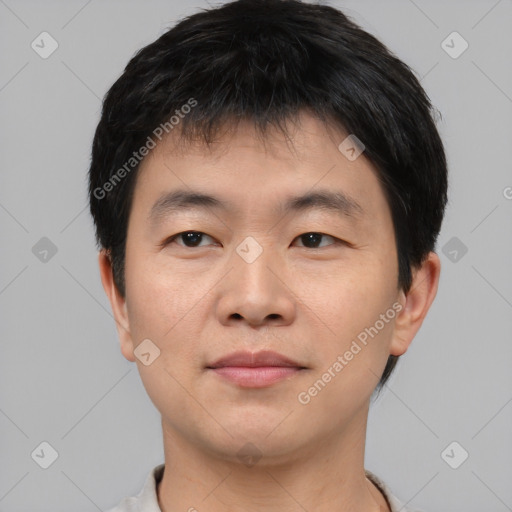 Neutral asian young-adult male with short  black hair and brown eyes